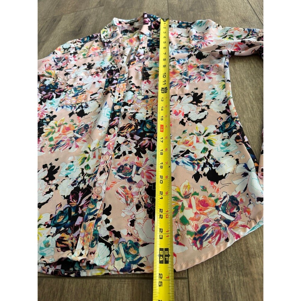 EXPRESS Floral Button Down Shirt Pastel Pink Roll-Tab Long Sleeve Blouse XS - Picture 7 of 9